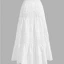 Women's Boho Shirred A Line Maxi Skirts Elastic Waist Layered Elegant Long Skirt (White, S)