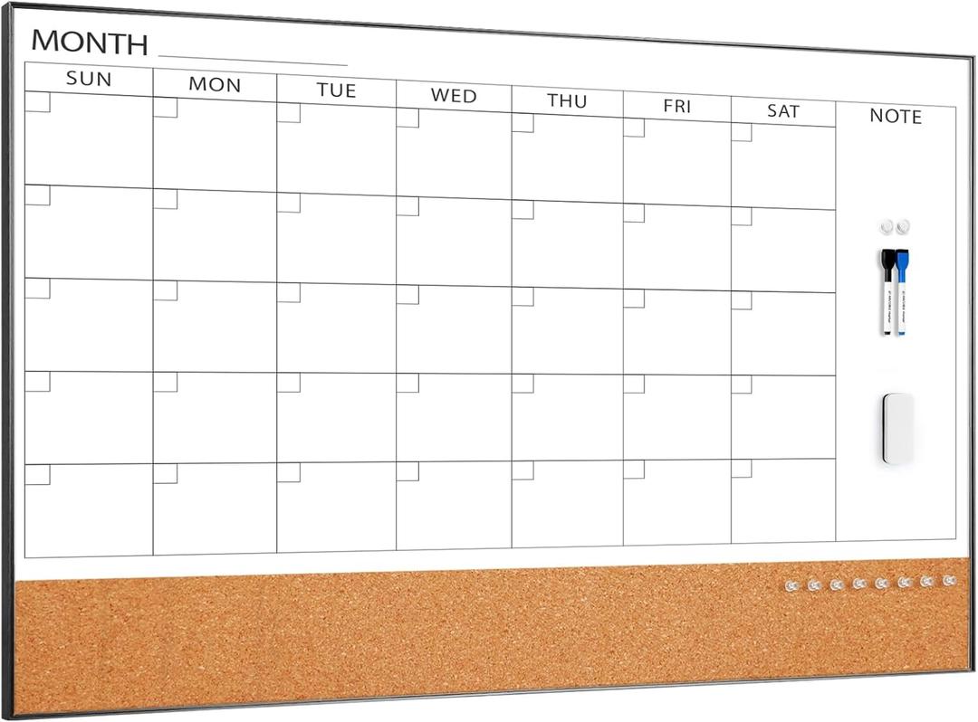 ARCOBIS Large Dry Erase Calendar with Cork for Wall, 48"x 30" Magnetic Calendar Whiteboard with Black Frame, Monthly Combination Board for School, Home, Office