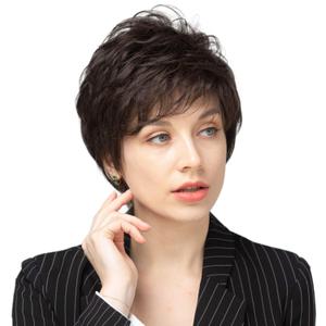 EMMOR Short Dark Brown Blend Human Hair Wigs for Women and Lady - Natural Hair Pixie Cut Wig With Bang, Daily Use (Color 6#)
