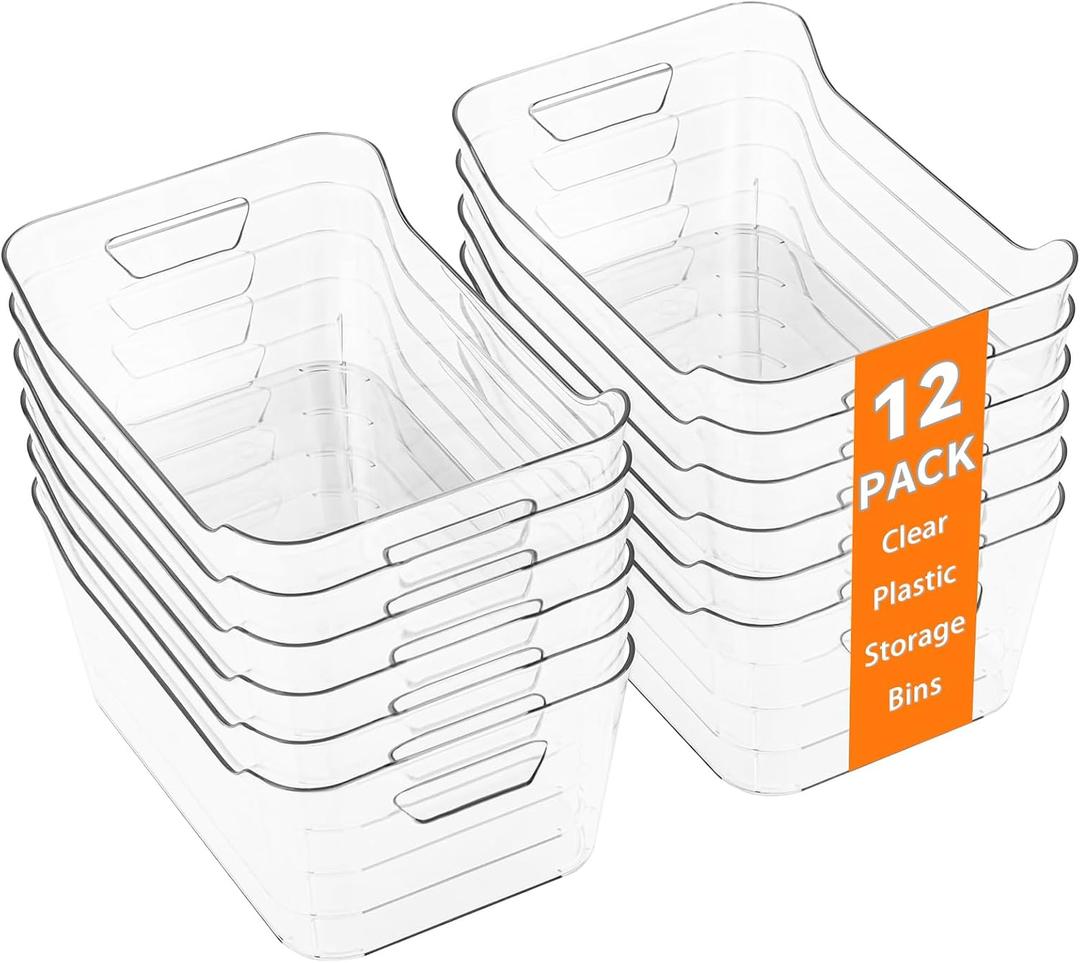 12 Pack Clear Plastic Storage Bins, Pantry Organizers and Storage, Clear Pantry Organizer Bins, Plastic Containers with Handle for Kitchen,Freezer,Cabinet,Closet,Bathroom Under Sink Storage (Medium)