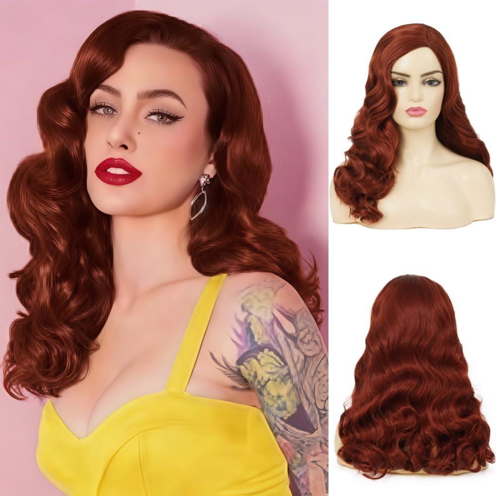Swiking Long Red Brown Curly Wig for Women Vintage Finger Wavy Wigs Natural Looking Cosplay Daily Wear Wig