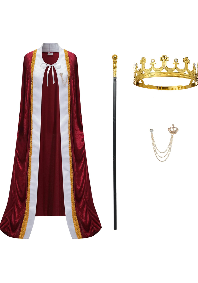 King Costume for Men and Women,Queen Costume,Adult King Cape Robe Metal Crown Scepter,Lord Farquaad Costume XL