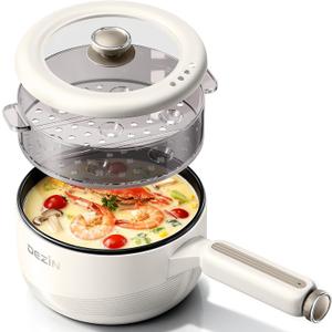 Dezin Electric pot with Steamer, 2L Non-Stick Saut Pan, 5-in-1 Multifunctional Hot Pot Electric for Steak, Fried Rice, Oatmeal, Soup, Dual Power Control, Portable Pot for Dorm, Office & Small Kitchen (Beige)
