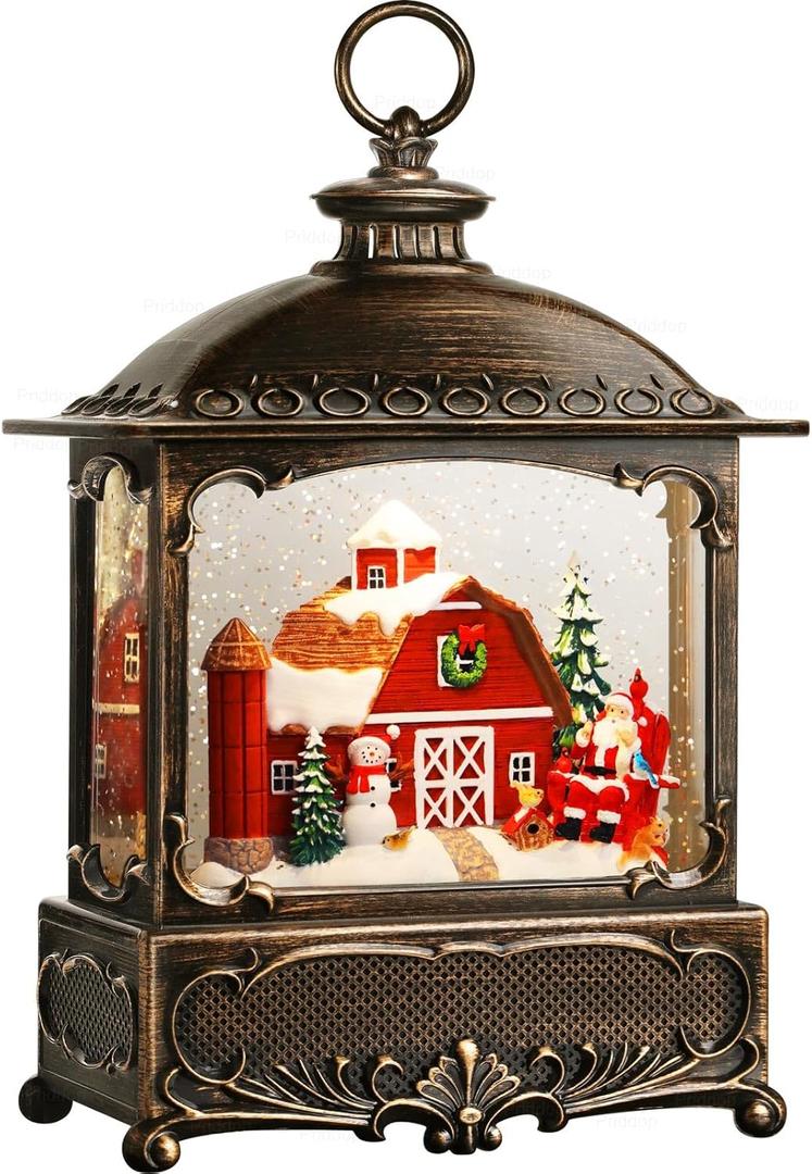 Priddop Christmas Snow Globe Lantern Christmas Decorations Gifts Barn Snowman Santa Claus Cardinal Winter Farm Scene Musical Glitter Snowfall USB/Battery Timer 12 inch