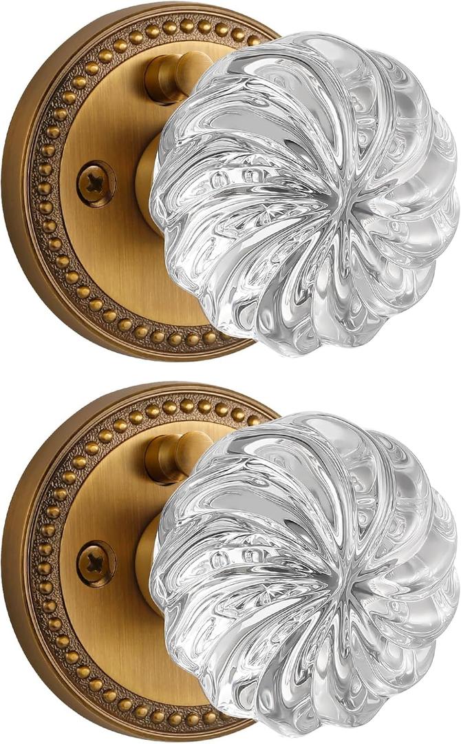 2 Pack Crystal Knobs Antique Brass Door Knob Interior Privacy Door Knob for Bedroom and Bathroom Glass Door Knob