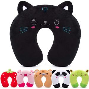 H HOMEWINS Travel Pillow for Kids,Cute Animal Neck Pillow for Boys Girls,Soft Neck Head Chin Support Pillow,Travel Accessories for Airplane, Car, Train,Recline (Black cat)