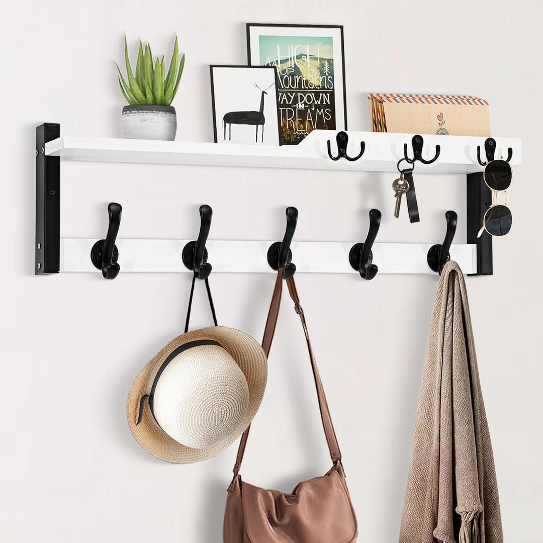 4 in 1 Coat Rack Wall Mount with Shelf, Coat Hooks 25.2" Entryway Coat Hanger with Key Hooks and Mail Holder, Wall Hooks with Shelf, Hat Rack for Wall Key Holder Mail Organizer (White)