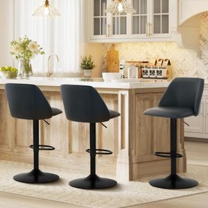 COLAMY Bar Stools Set of 1, Modern Swivel Bar Chairs, Adjustable PU Leather Upholstered Barstools Counter Height with Full Backrest for Bar, Dining Room, Kitchen Island, Black