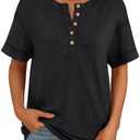 AUTOMET Womens Short Sleeve Henley Shirts Summer Dressy Casual Flowy Tops Loose Fit Basic Trendy Fashion Blouses 2025 Black M