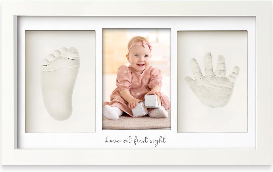 Baby Hand and Footprint Kit - Clay Handprint Keepsake Frame, Newborn Nursery Picture Frame, Personalized New Mom Gifts for Baby Shower & Registry (Alpine White) (Duo Frame, 13" x 7.9")