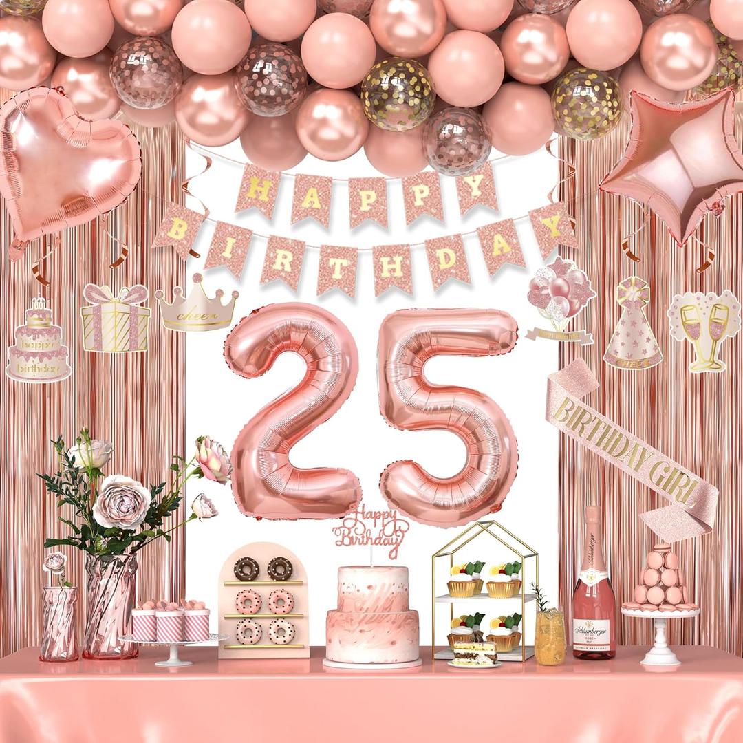 25th Birthday Decorations for Women Girls, Happy 25 Birthday Decorations for Her, Rose Gold Birthday Party Supplies with Banner, Number Balloons, Fringe Curtains, Hanging Swirls, Foil Balloons