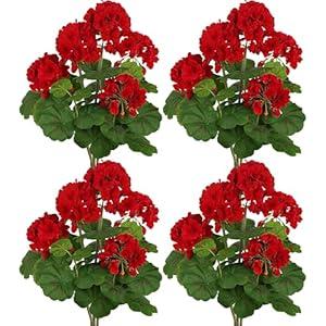 FOREST PRINCE 4 PCS 18" Artificial Geraniums for Outdoors, UV Resistant Red Silk Flowers for Window Box Porch Patio Garden Decor, Waterproof Ruby Red