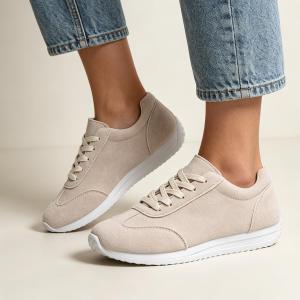 Women's Minimalist Suede Sneakers - Lace Up Casual Trainers in Beige for Everyday, Streetwear & Minimalist Outfits, 9.5