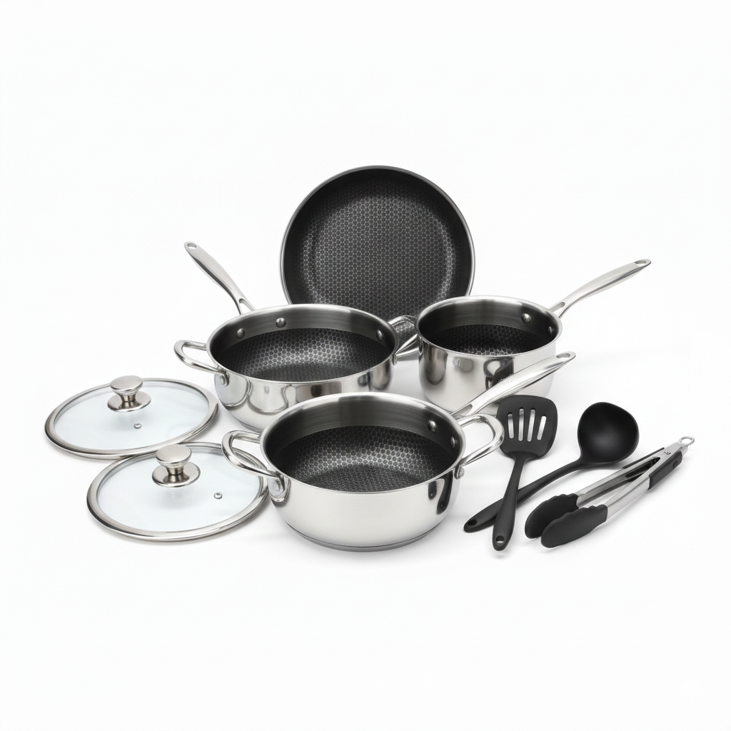 Pots and Pans Set Non Stick, Hybrid Stainless Steel Cookware Sets, Non Stick Frying Pans, Saucepans, Saute Pan & Stock Pot, PFOA Free Kitchen Skillet,Induction Compatible