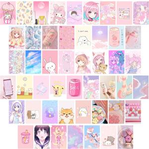 L1rabe 50Pcs Kawai Anime Aesthetic Picture Wall Collage Kit Pink Cartoon Assembled Print Card Set, School Dorm Photo Poster Display Sweet Girls Room Decor Cute Collage Kit Birthday Back to School Gift (Multi)