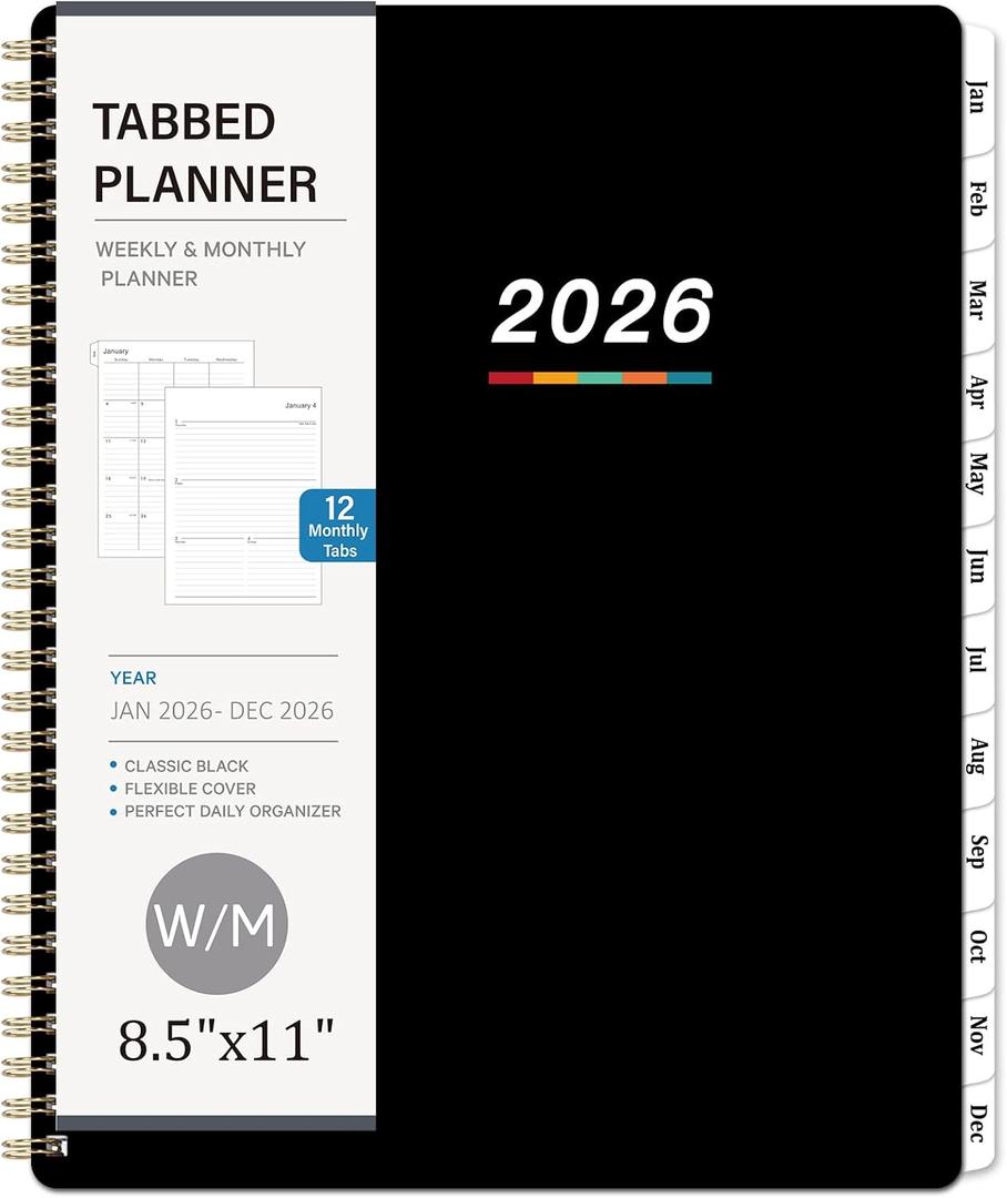 5 x Planner 2026 Jan. 2026 - Dec. 2026, 2026 Planner Weekly and Monthly, 8.5" x 11", Calendar Planner 2026 with Monthly Tabs, Spiral Binding, Thick Paper - Classic Black