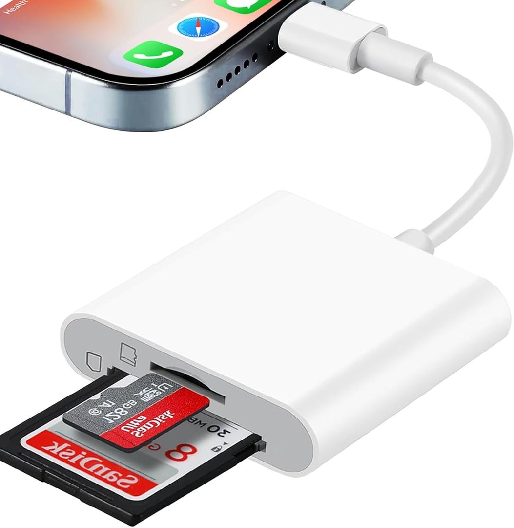 SD Card Reader for iPhone, SD & Micro SD Dual Slots Memory Card Reader for iPad, Plug and Play Trail Game Camera SD Card Viewer, Digital Trail Camera Card Adapter, No App Required