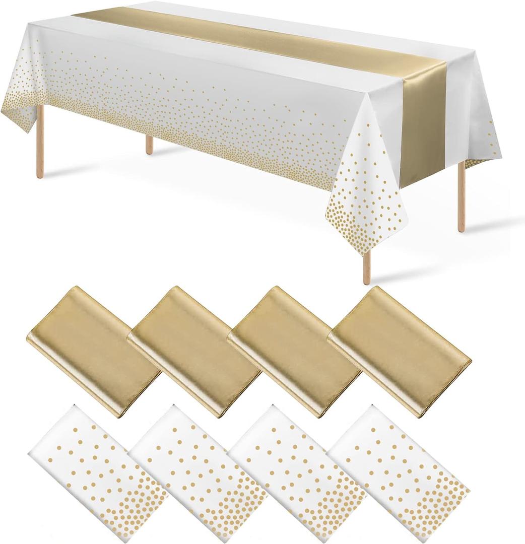 8Pack Disposable Plastic Tablecloths and Satin Table Runner Set White and Gold Dot Tablecloth Gold Satin Table Runner for Wedding Birthday Baby Shower Anniversary Christmas New Year Party Decorations