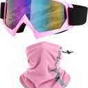 Ski Goggles, Snowboard Motorcycle Goggles with Reflective Winter Neck Gaiter Face Cover for Youth Teens Men Women (Pink)