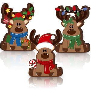 GlikCeil 3 Pcs Reindeer Christmas Tabletop Decorations Wooden Reindeer Shelf Decor Christmas Tiered Tray Rustic Farmhouse Xmas Standing Tabletop Elk Decor for Home Shelf Cabinet Table