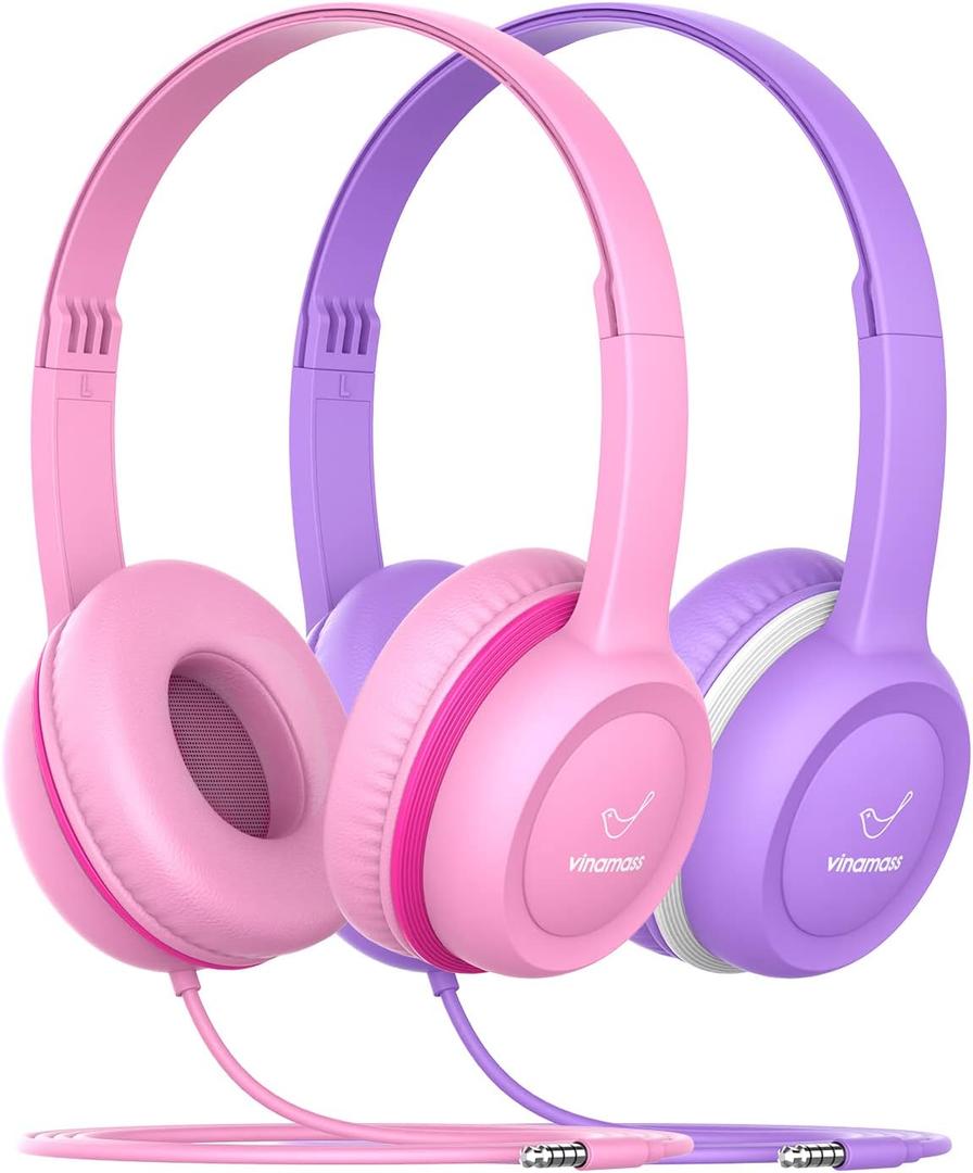 Vinamass Kids Headphones - Wired with 3.5mm Jack, Volume Limiting for Kids, Adjustable for Boys/Girls/School (purple pink), 2 pack