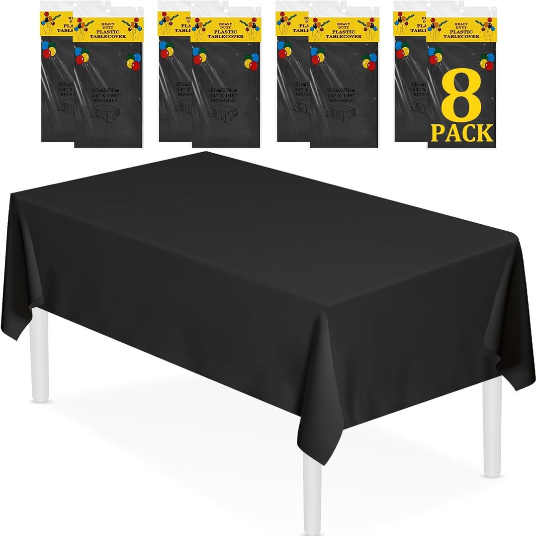 2 x XSEINO 8 Pack 54" x 108" Premium Black Plastic Table Cloth,Disposable Rectangle Tablecloths Waterproof Table Cover for Birthday Wedding Anniversary Graduation Party Decorations Supplies