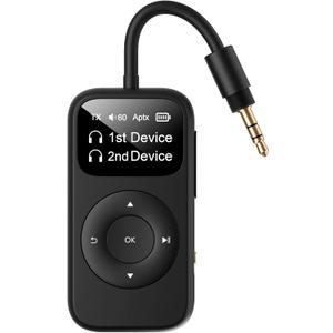 SoundSync Pro Bluetooth Transmitter & Receiver for Airplane, Easy Setup Bluetooth Audio Transceiver for 2 BT Devices, Volume Control, RCA for TV (Black)