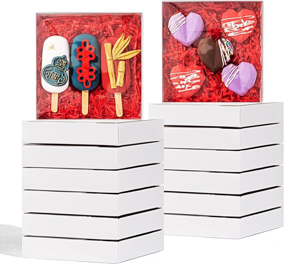 25PCS 6" x 6" x 1 " Clear White Cookie Boxes with Full Window, Bakery Macaron Boxes Ores Boxes Cakesicle Boxes Chocolate Bomb Boxes