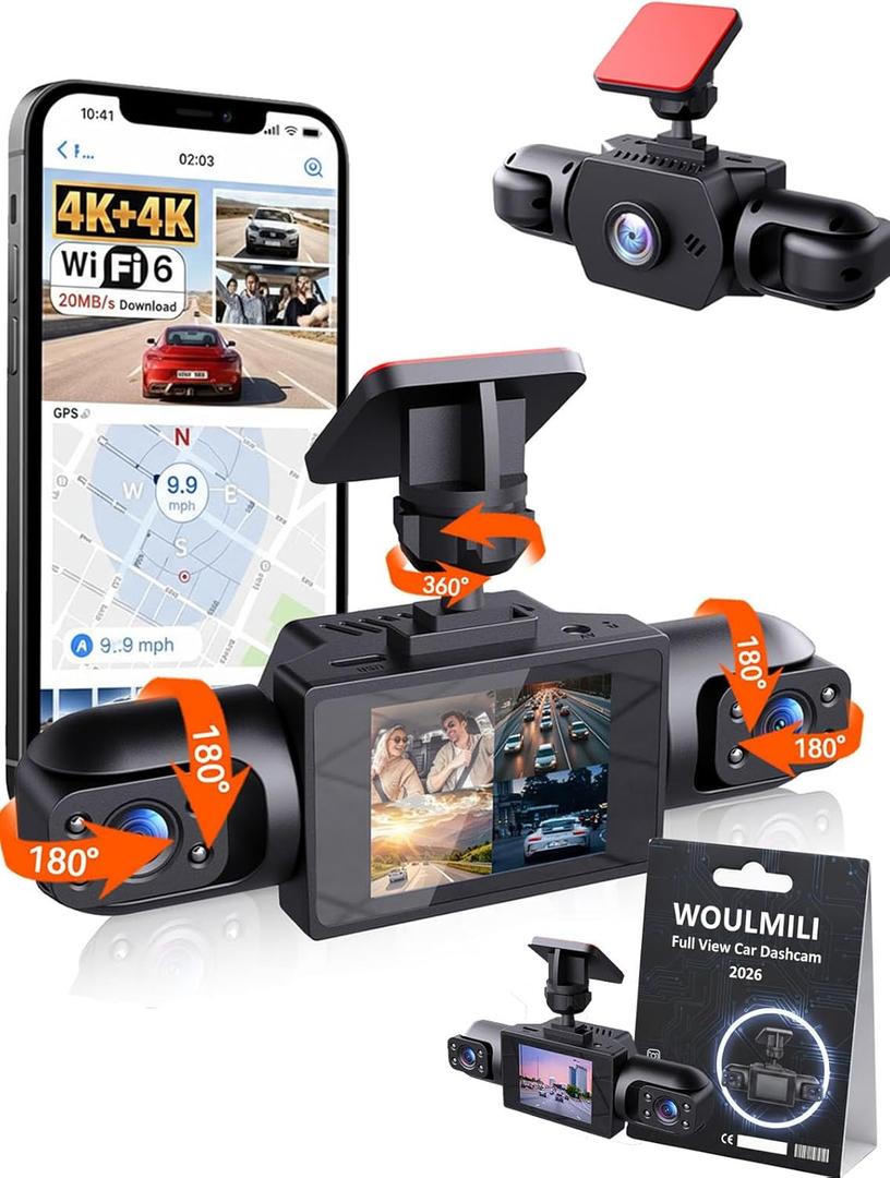 Full View Car Dashcam Wireless System 360 Car DVR WiFi 4 Channel Dash Cam Video Recorder Camera for Cars, Front and Rear Inside with Infrared Lamps Night Vision (64G)