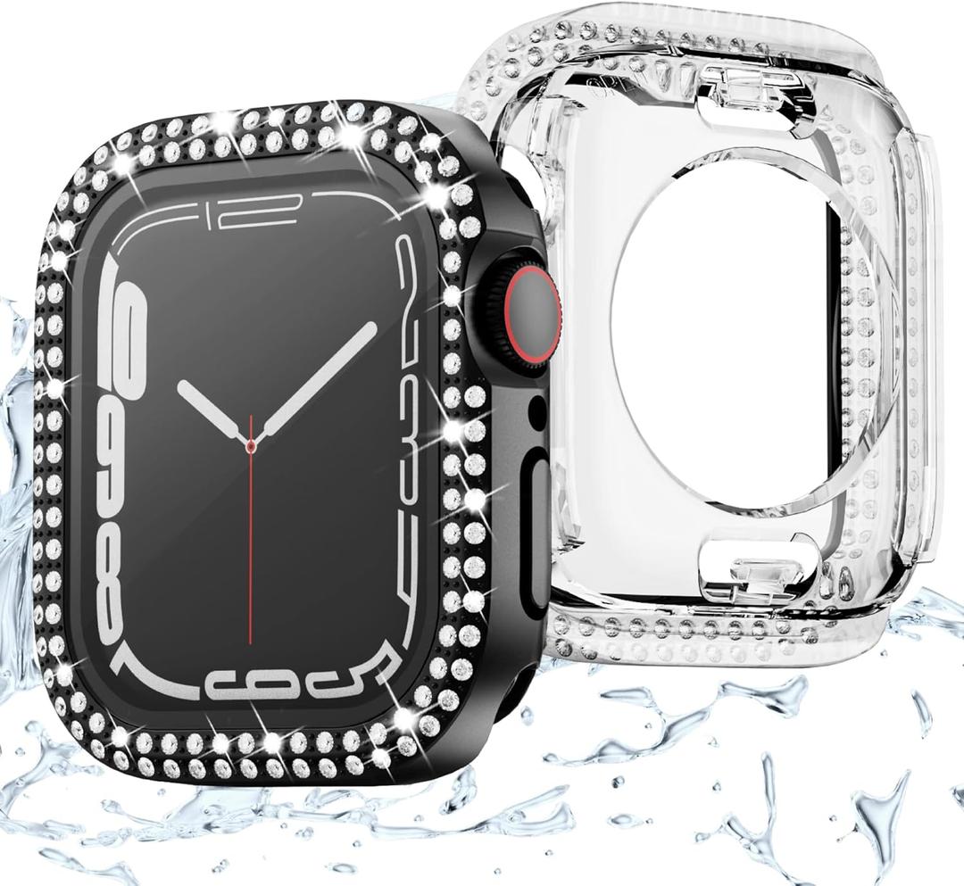 2-Pack 2-in-1 Waterproof Bling Case for Apple Watch 40mm Series 6 SE 5 4 with Tempered Glass Screen Protector, Crystal Diamonds Rhinestone Overall Durable Cover Front & Back Bumper for iWatch 40mm (Black/Clear)