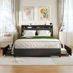 Queen Bed Frame with Ergonomic Headboard, Platform Bed Frame Queen Size with Outlets & Charger, Metal Bed Frame Queen Size with Storage Shelf, Noise-Free, No Box Spring Needed (Black, Queen)