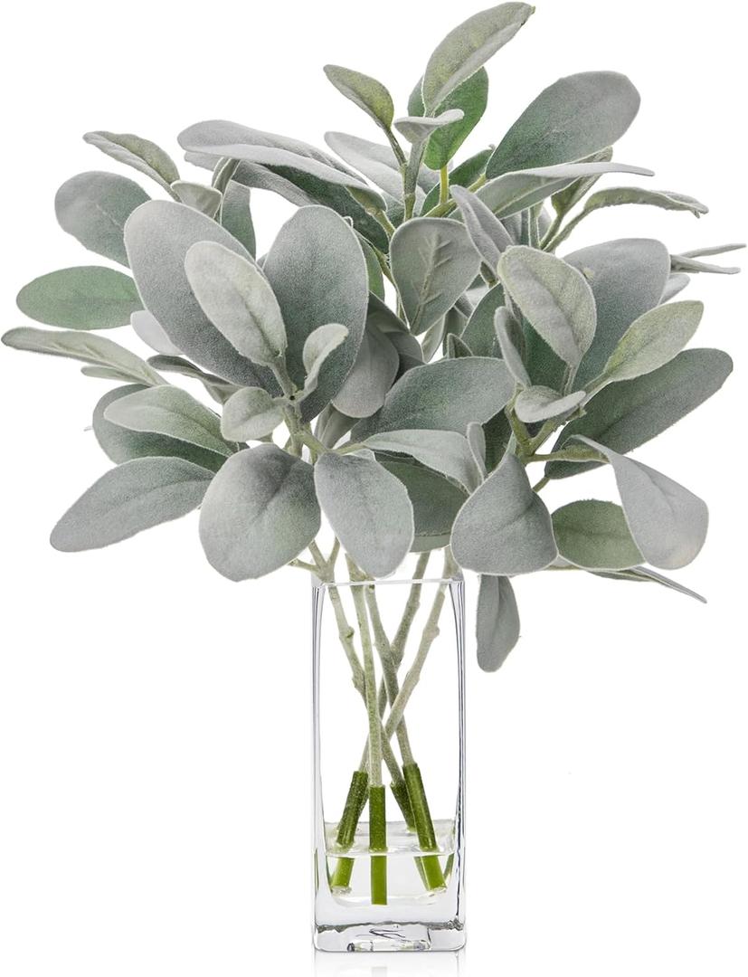 Briful Artificial Frosted Lambs Ear Leaves Dusty Miller Stems in Clear Glass Vase Fake Leave Stems Arrangement for Home Wedding Party Baby Shower Decoration