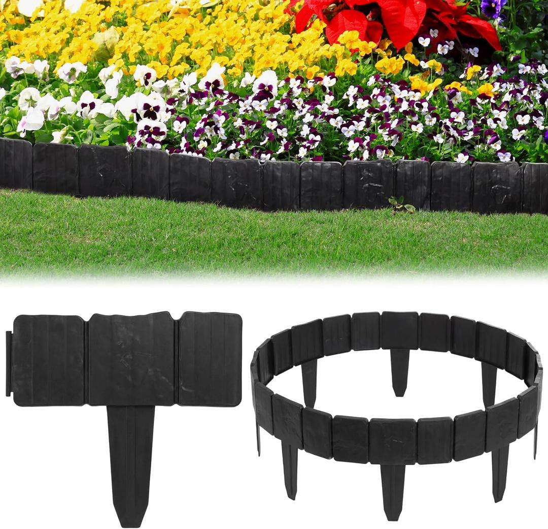 48 Pcs Landscaping Edging Border 37 ft Plastic Garden Border Edging Bulk for Lawn Decorative Stone Like Flower Bed Fence Set for Yard Landscaping Interlocking Stakes for Plant(Black)