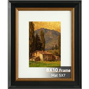 8x10 Black and Gold Picture Frame, 8 x 10 Vintage Frame with Real Glass, Display 5x7 Photo with Mat or 8x10 without Mat, Wall Hanging & Tabletop Ornate Poster Frames for Gallery Antique Dco