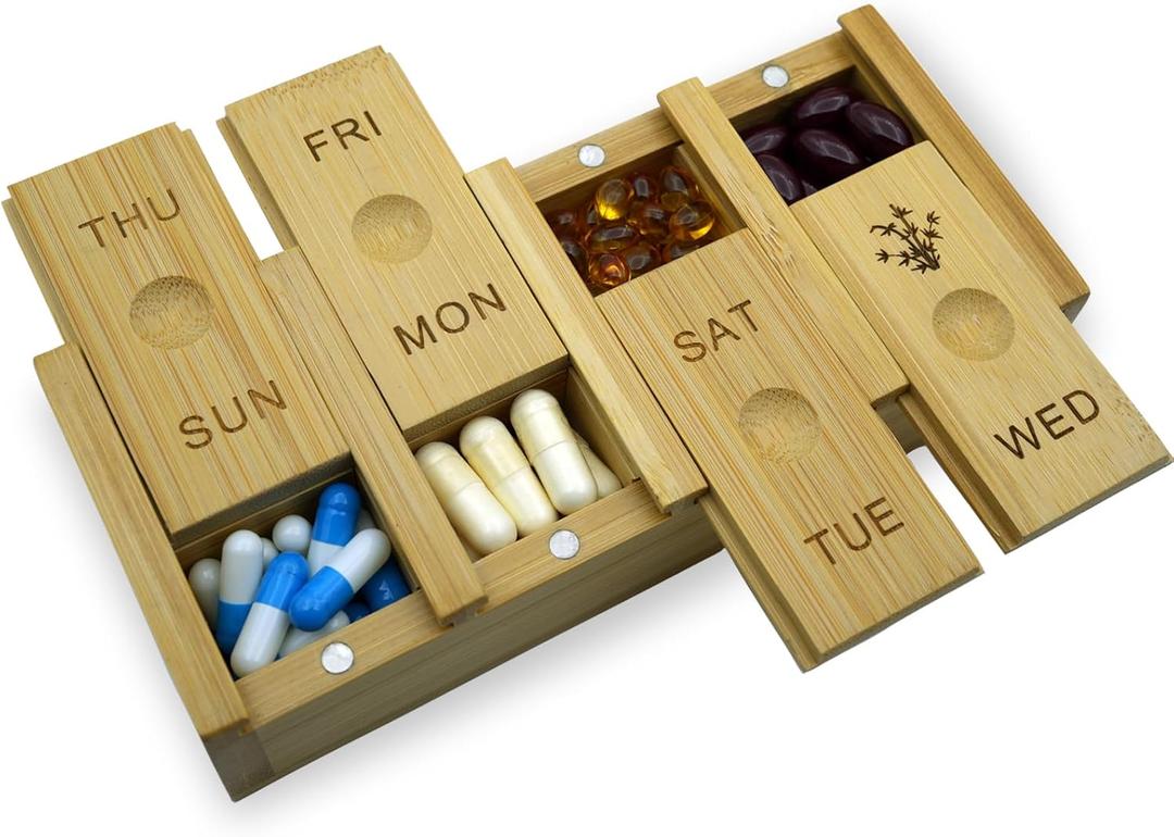 7-Day Bamboo Weekly Pill Organizer for Medicine Supplement, Arthritis Friendly Wood Pill Case Box for Vitamin, Daily Portable Travel Pill Holder Dispenser Container Keeper (Bamboo Set of 1)