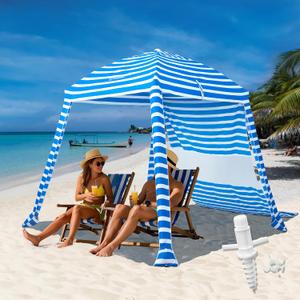 Grandekor Upgraded 6'6' Pop Up Beach Canopy Tent for Family & Kids UPF 50+ Sun Shelter for Pool Camping with Sand Anchor Sidewall Bold Blue White Stripe