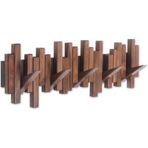 Wooden Coat Rack Wall Mounted Sticks Multi Rack Solid Handmade Natural Walnut Wood Artwork with 5 Flip-Down Unique Modern Hooks for Coats Bag Hat Umbrella