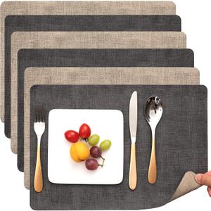 Myir JUN Placemats Dual Sided, Faux Leather Place Mats Set of 6 Indoor Placemat for Dining Table Outdoor Place Mat Manteles Individuales Square Non-Slip Washable Table Mats (Gray Beige, Set of 6)