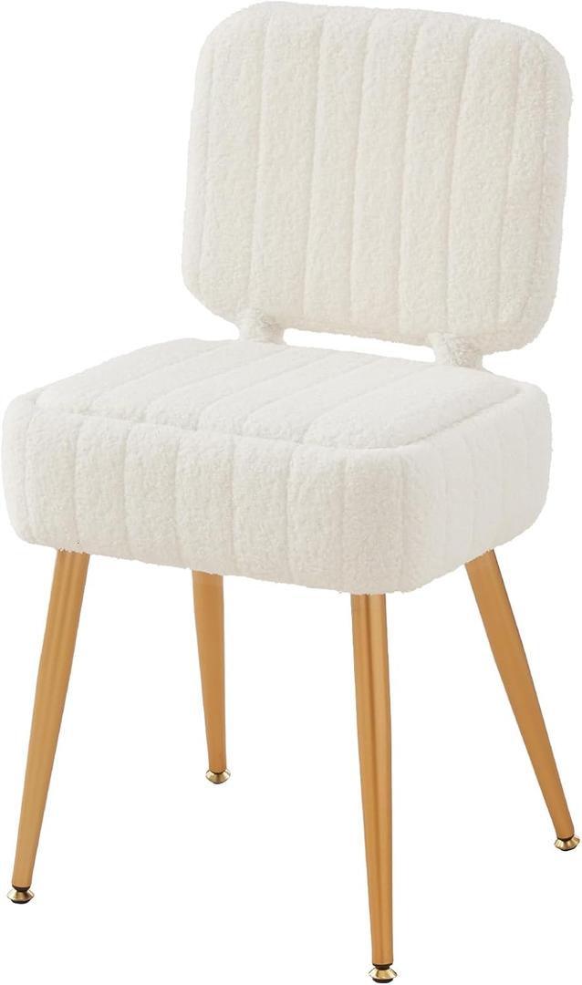 Updated Vanity Chair, Storage Ottoman with Folding Back & Gold-Toned Metal Legs, Ottoman Seat with Teddy Velvet for Dressing Room Living Room Bedroom, 15" x 12" Inch (White)