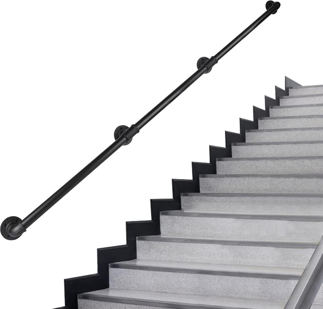 Pipe Stair Handrail, 10 Ft Metal Staircase Handrail, Black Galvanized Industrial Iron Hand Rail for Indoor & Outdoor Wall Mount Support, Wall Hand Railing,Safety Handle, Steps Baluster(HR06)