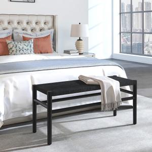 Cushioned Storage Ottomans, Bedroom Stool, Woven Bed Stool with Cross Wooden Legs, Suitable for Living Room and Bedroom (New Black, 39.3 * 14.5 * 17.3)