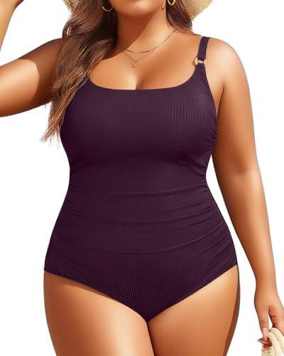 Women's Plus Size One Piece Swimsuit- Tummy Control Bathing Suit Ribbed Square Neck Swimwear 2025 Dark Purple, Size: 16 Plus