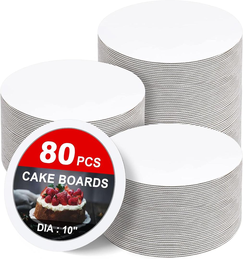 80-Pack Cake Boards 10 inch Round White Cake Circles Rounds Base Food-Grade Cardboard Cake Board for Cakes, Christmas, Bread, DessertsThin and strong