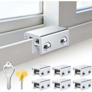 Sliding Window Locks (6 Sets), Security Window Locks with Keys, Adjustable Aluminum Sliding Window Stops, Easy Installation Without Drilling, for Vertical and Horizontal Sliding Windows (Silver)