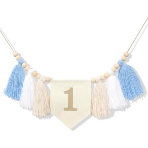 HGFC Embroidery Tassel High Chair Banner - Wood Bead 1st Birthday Banner,Sky Theme Party Decoration,Birthday Baby Boys Tassel Garland,Cake Smash Backdrop