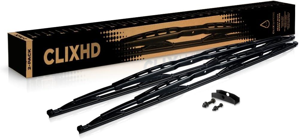 ClixWipers Heavy Duty 2-Pack 32" + 32" Windshield Wiper Blades Steel Frame Automotive Replacement Windshield Wiper Blades Fits .5 to 2/3 Inch Saddle Arms For Truck, Bus, RV & Equipment