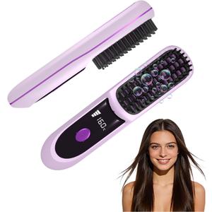 Go Brush Pro for Short Hair 2026, Portable Straightener Brushs for Travel, with LCD Temperature Display, Fast Heating Cordless Mini Hair Brushs (Purple)