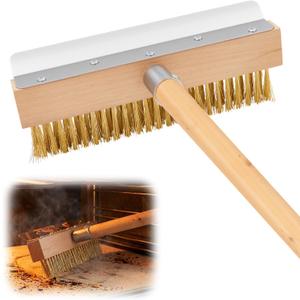 Reallnaive 1 Pack 37 Inch Wood Handle Pizza Oven Brush with Scraper Outdoor Pizza Oven Cleaning Brush Tool, Aluminum Threaded Tip, Brass Bristles with Steel Scraper