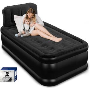 Twin Air Mattress with Headboard, Built-in Pump, Supports 500 lbs, 48-Hour Leak-Tested, 2.5 Min Fast & Easy Inflation/Deflation, Quiet Noiseless Design, Portable Blow Up Bed for Home, Guests & Camping (Black)