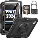 SEYMAC for iPad Pro 11 Inch Case 2024 (M4), Heavy Duty Shockproof Protective Case with Screen Protector, 360 Rotating Stand, Hand/Shoulder Strap and Pen Holder for iPad Pro 11 2024, Black